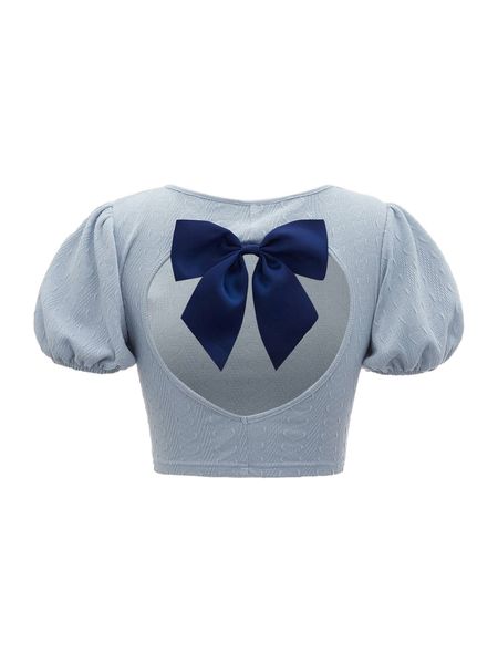 

cut out bow back puff sleeve crop tee 02br#, White