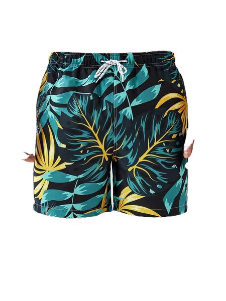 

men tropical print drawstring waist swim trunks 33yd#, White;black