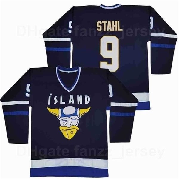 C26 Nik1 Island Mighty Ducks College 9 Gunnar Stahl Jersey Männer Film Eishockey Team Farbe weg Marineblau Alle genähten Universität Atmungsaktiv rein