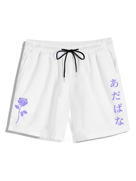

romwe guys floral japanese letter print shorts x8jq#, White;black