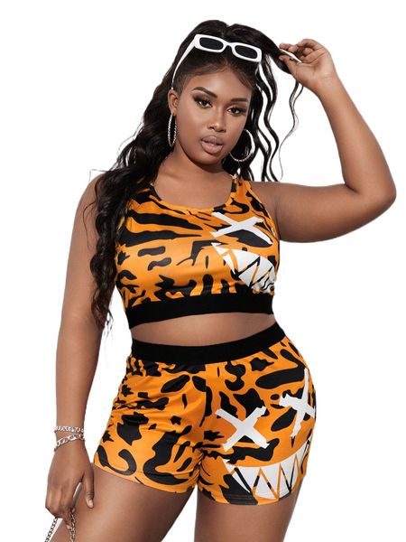 

plus cartoon graphic tank & biker shorts t0uo#, Black