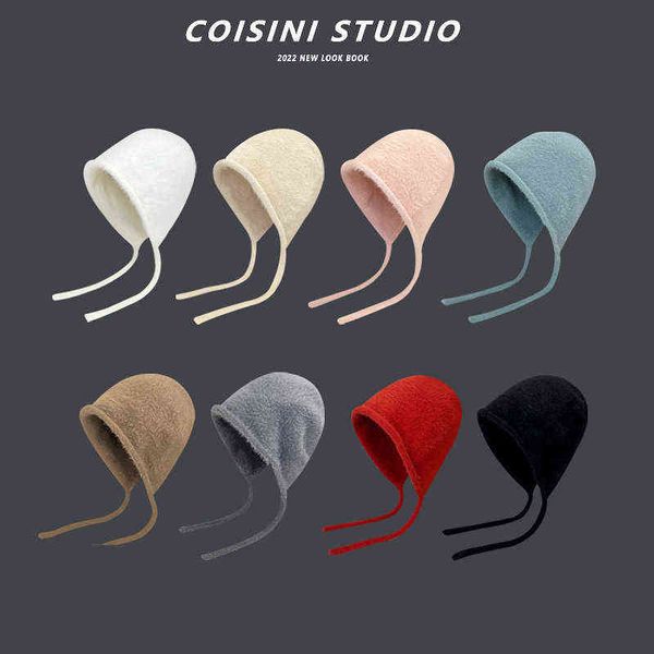 Giapponese Solido Imitazione Visone Velluto Fascia Beanie Cappello Donna Autunno Inverno Caldo Orecchio Proteggi Soft Girl Antivento Maglione Cappello di Lana J220722