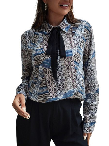 

geo print tie front blouse j5se#, White