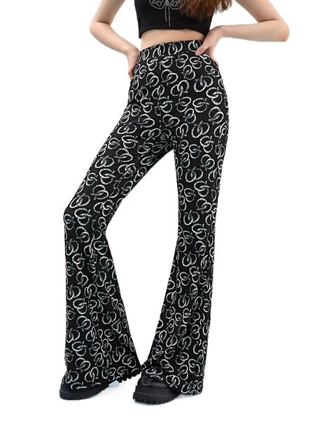 

x cetriya chain print high waist flared leg pants s4ue#, Black;white