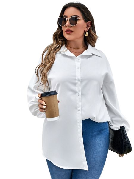 

plus solid button front shirt i6ri#, Black