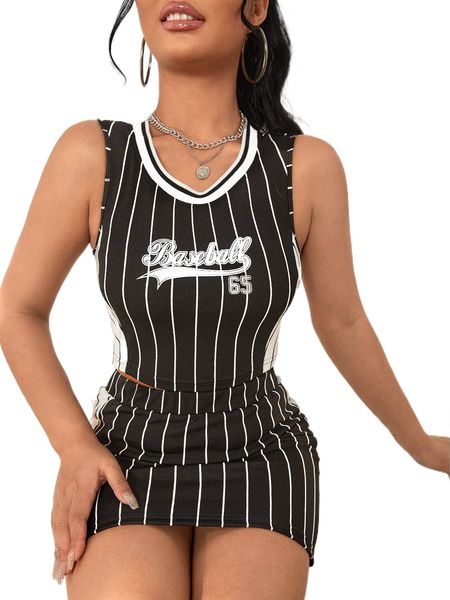

vertical striped & letter graphic crop tank & bodycon skirt z2o2#, White