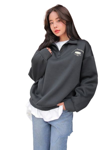 

dazy letter graphic polo neck drop shoulder pullover without tee q28p#, Black