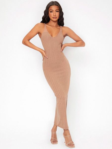 

tall rib knit v neck dress x4gt#, Black;gray