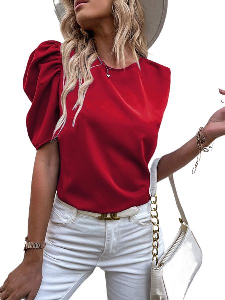 

puff sleeve solid blouse y45s#, White