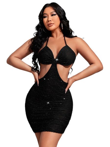 

sxy cut out backless halter bodycon dress k6ko#, Black;gray