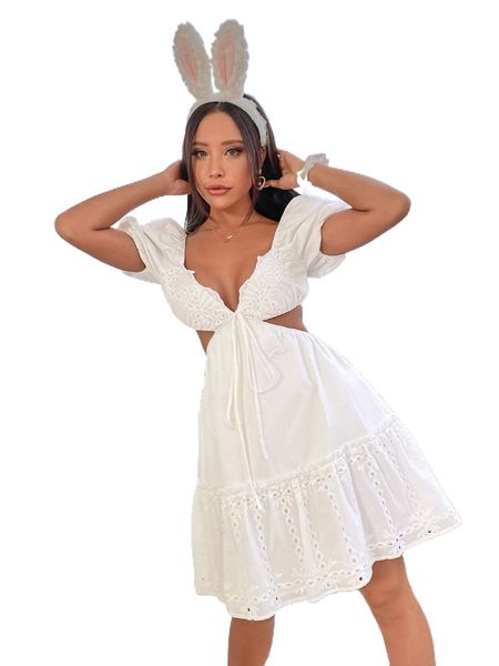 

embroidery eyelet cut out a-line dress x6w9#, Black;gray