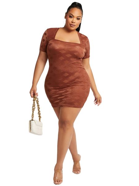 

sxy plus square neck geo jacquard bodycon dress i7q1#, Black