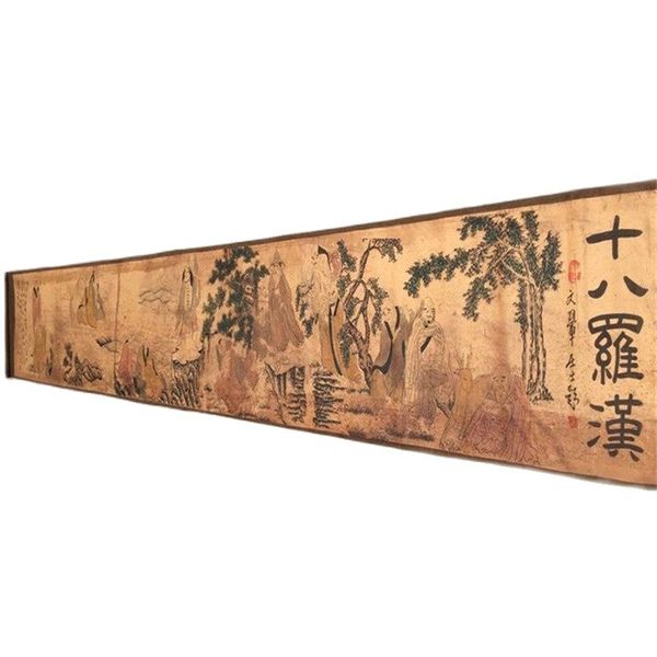 

china ancient picture paper long scroll painting eighteen luo han, Silver