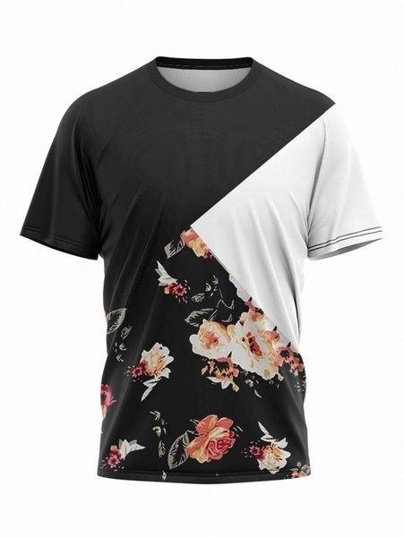 

men floral print color block tee e65i#, White;black