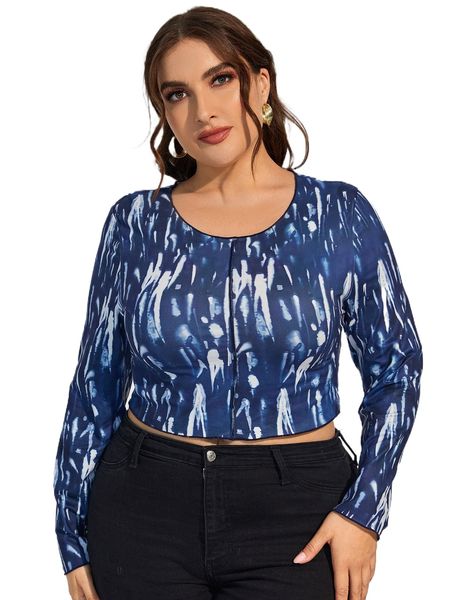 

plus graphic print stitching crop tee n2to#, Black