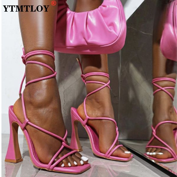 

women sandals summer shoes gladiator clip toe high heels bandage buckle strap pumps squre ladies party fashion stiletto 220721, Black