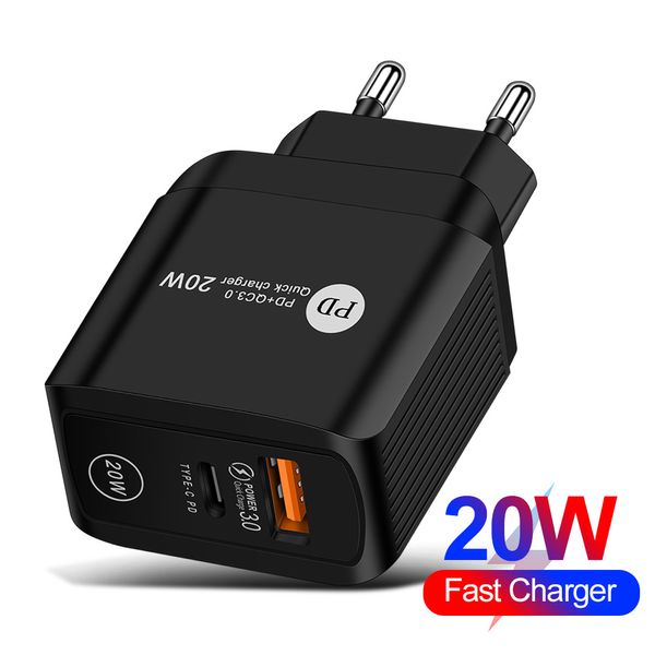 Carregador tipo c PD 20W Portas duplas Carga rápida Eu US UK Ac Home Travel Carregadores de parede Adaptador de energia USB para iPhone Samsung Huawei Xiaomi Oppo Vivo