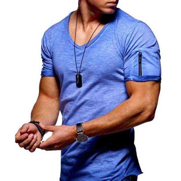 

men's t-shirts 2022 v-neck t-shirt fitness bodybuilding high street summer short-sleeved zipper casual cotton top, White;black