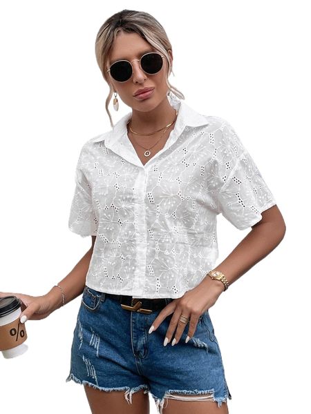 

drop shoulder eyelet embroidered blouse 004e#, White