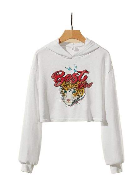 

teen girls leopard & letter graphic drop shoulder hoodie z8su#, Black;white