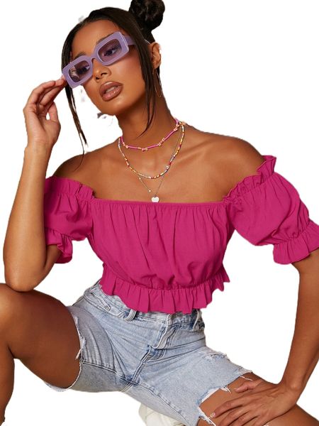 

ruched bust ruffle hem off shoulder v63d#, White