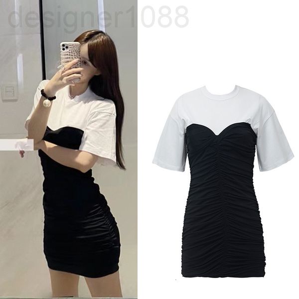 

casual dresses designer niche design aw king personality fashionable pleat stitching cotton waist closing temperament back zipper t-shirt dr, Black;gray