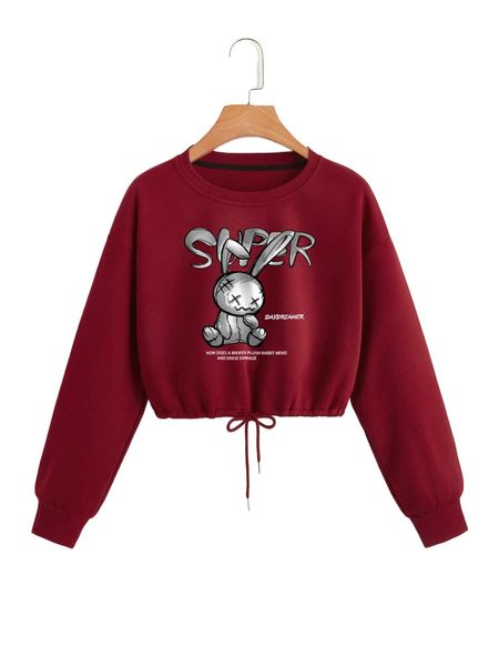 

slogan & cartoon graphic drawstring hem drop shoulder thermal crop pullover q0pl#, Black