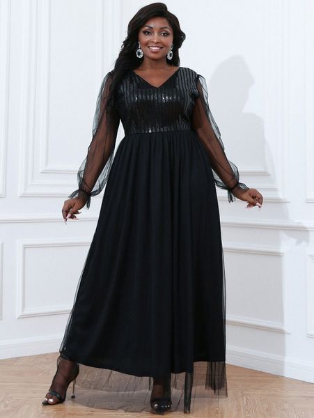 

seomiscky plus contrast sequin mesh overlay maxi dress g5yg#, Black