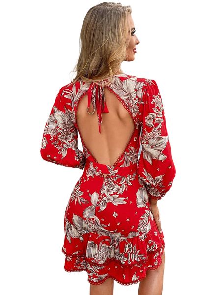 

eilly bazar tied backless layered hem belted floral dress 62gc#, Black;gray
