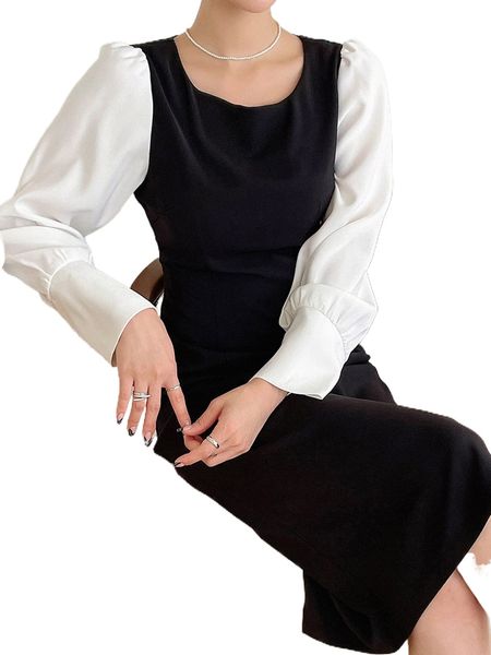 

dazy two tone puff sleeve dress p3zq#, Black;gray