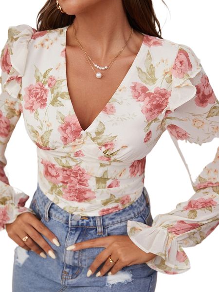 

f.loral print f.lounce s.leeve ruched r.uffle trim b.louse s3yv#, White