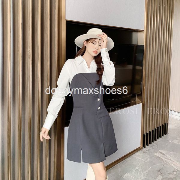 

casual dresses minority design sense splicing fake two contrast color diamond button shirt skirt 22 spring fashion strapless split dress, Black;gray