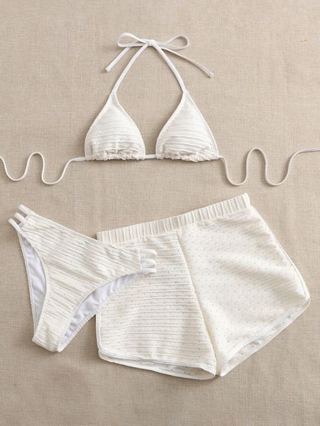 

3pack plain schiffy triangle bikini swimsuit & swim shorts r9ri#, White;black