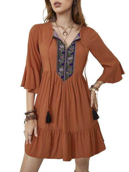 

rusttydustty floral panel tassel tie neck flounce sleeve ruffle hem dress k4vb#, Black;gray