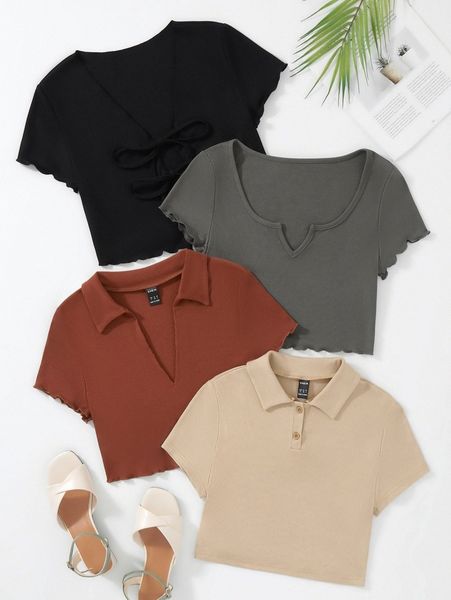 

4pcs ribbed knit lettuce trim tee q1bw#, White