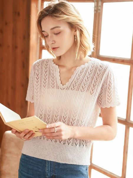 

knit mix notched neck scallop trim knit without bra 16ay#, White;black