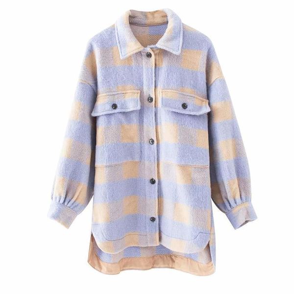 Spring Womens Purple Yellow Plaid Coat Shirt Style Pockets Streetwear Woman Coats Oversize Casaco Feminino Chic 201023