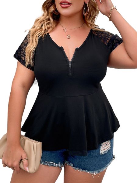 

plus contrast lace ruffle hem zip front tee 510r#, Black