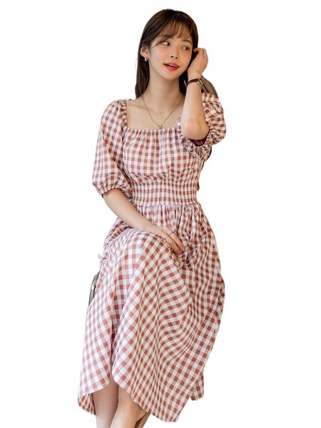 

dazy gingham square neck a-line dress m9x1#, Black;gray