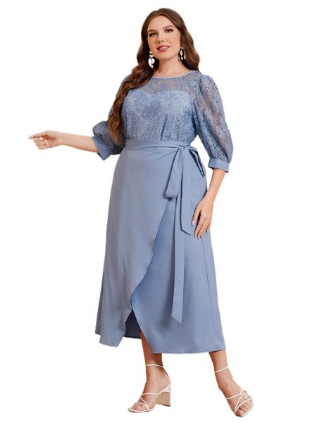 

plus puff sleeve lace & wrap belted skirt 22z5#, Black