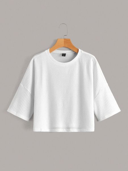

ribbed knit solid drop shoulder crop y3as#, White