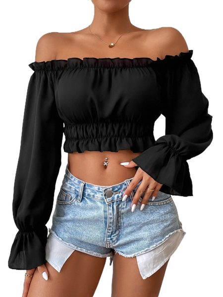 

frilled off shoulder flounce sleeve blouse 600f#, White