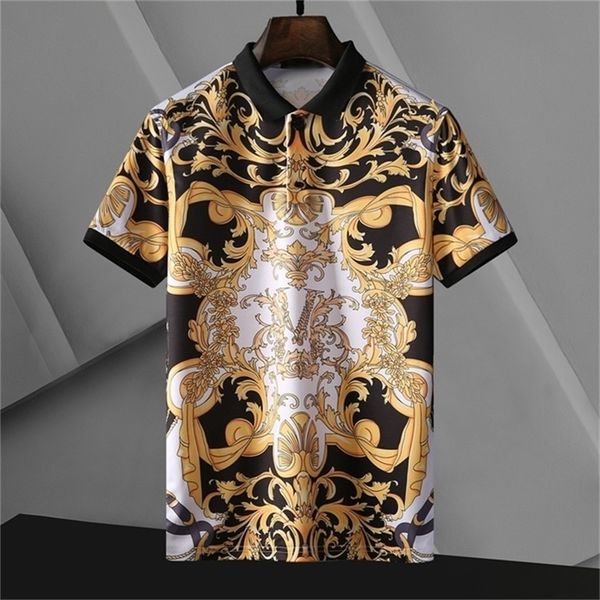 

summer men fashion casual short-sleeved t-shirt baroque black gold pattern printing lapel ice silk t-shirt men mannen kleding 220702, White;black