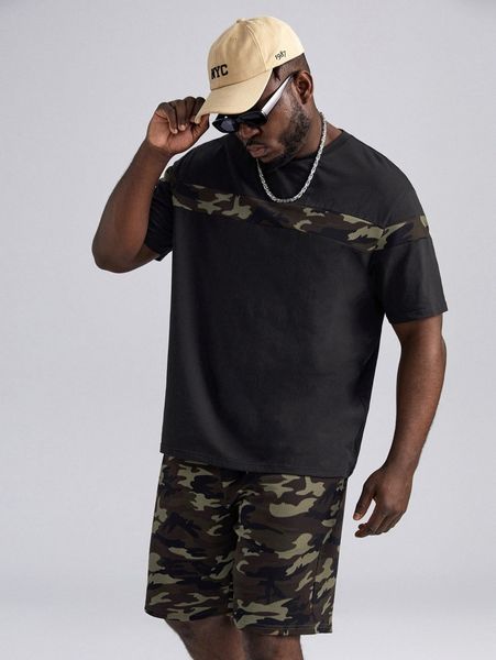 

extended sizes men camo print tee & drawstring waist shorts p1bm#, Gray