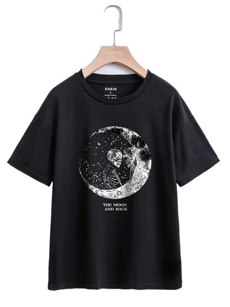 

skull and moon print drop shoulder tee y09n#, White