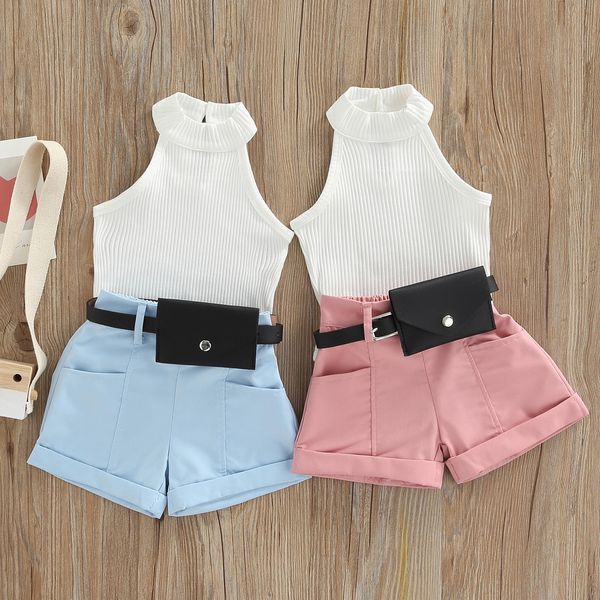 

little girl three-piece sets outfits solid color sleeveless ribbed stand-up collar belted short pants small waist pack 6m-4t, White
