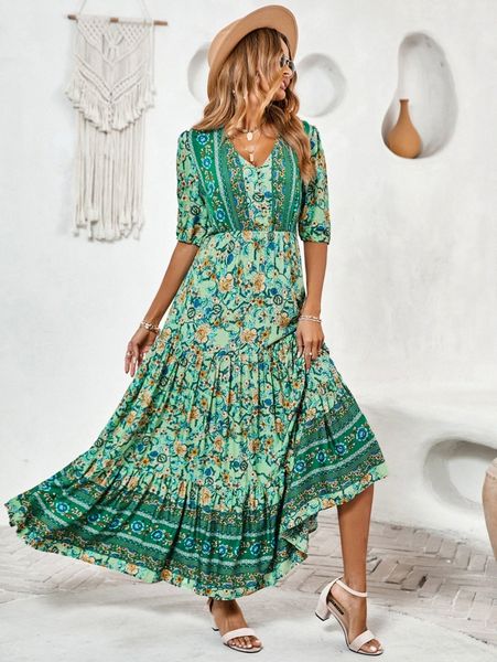 

floral print ruffle hem dress z3e7#, Black;gray