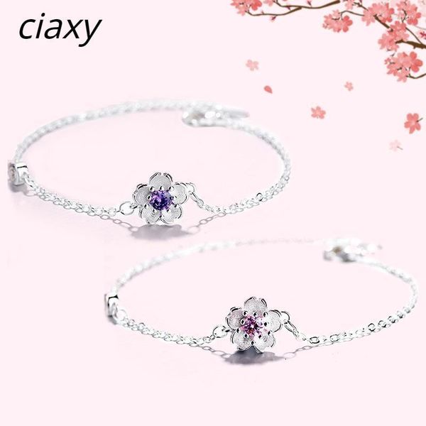Bracelets de charme 925 Bracelete de flores de cerejeira com carimbo com cristal roxo rosa para mulheres flores elegante e doce colorida jóia Lars22