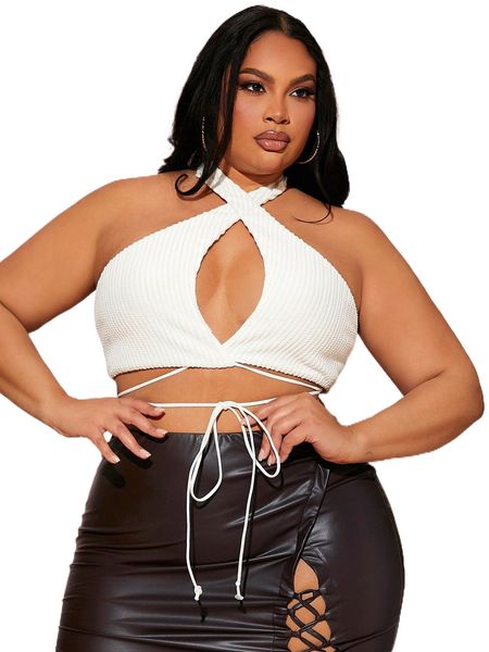 

sxy plus wrap cross tie backless crop halter s273#, Black