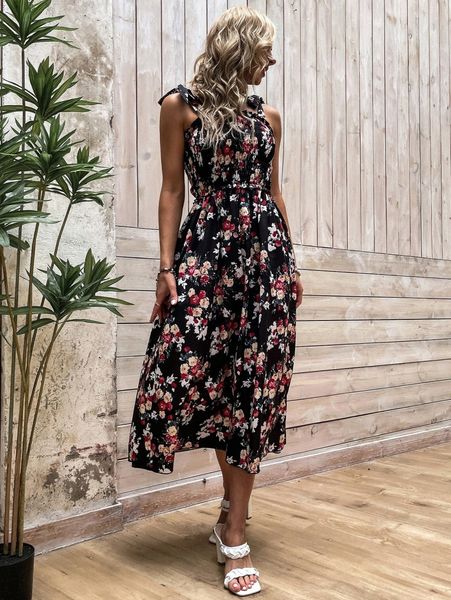 

floral print shirred tie shoulder cami dress 45kq#, Black;gray